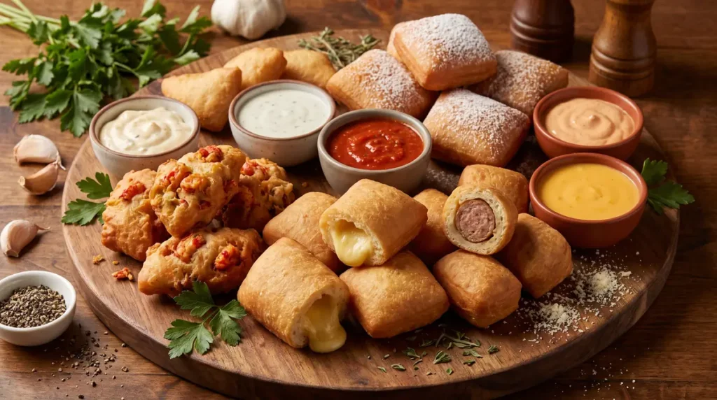 Assorted savory beignets with cheese, sausage fillings and multiple dipping sauces on wooden platter