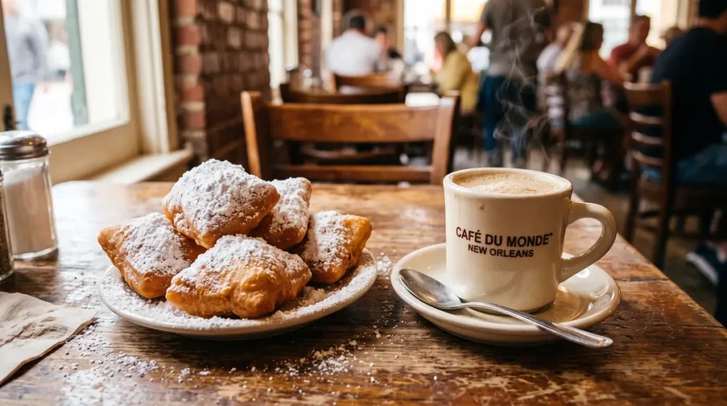 Plate of powdered sugar-covered beignets and a cup of coffee on wooden table