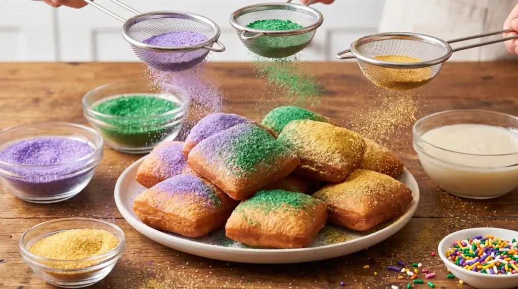 Golden-brown beignets dusted with purple, green, and yellow powdered sugar being sifted onto them