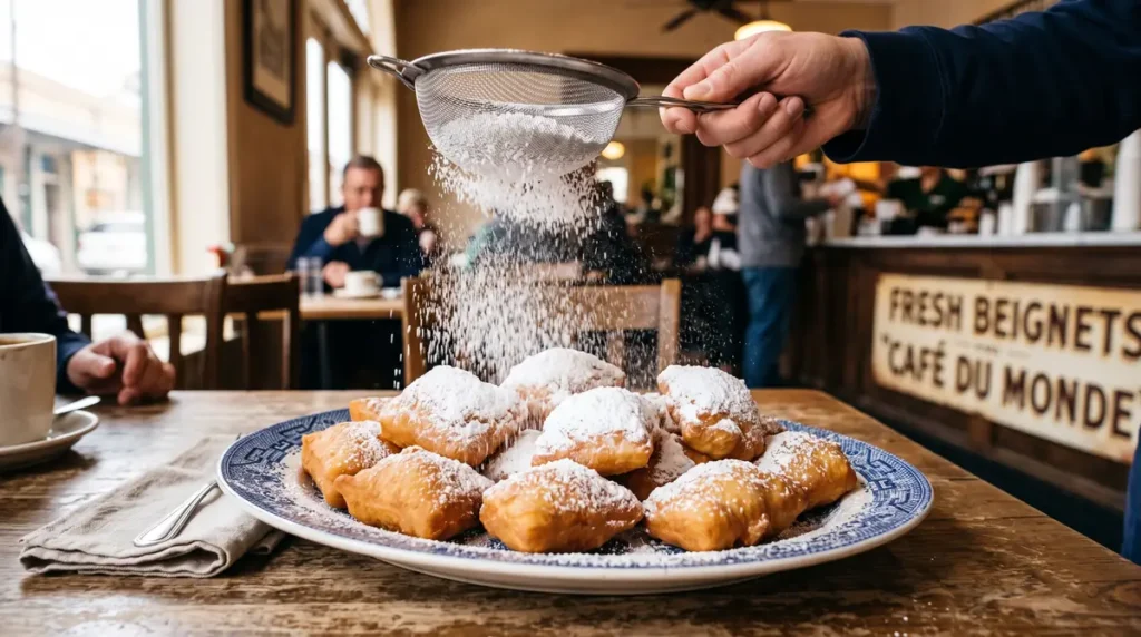 Hand dusting powdered sugar over a plate of beignets in a busy cafe