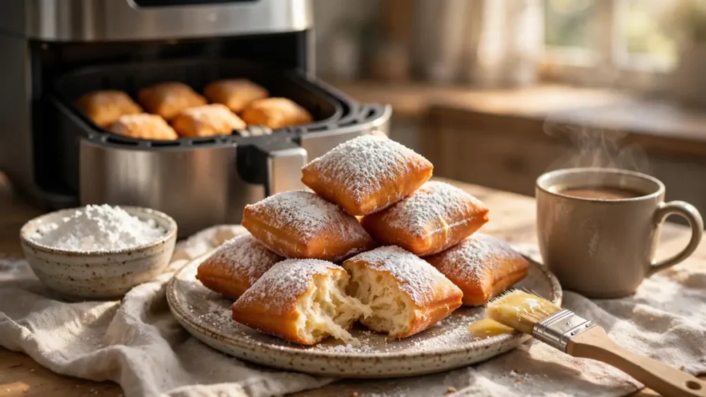 Fresh air fryer beignets dusted with powdered sugar on a plate