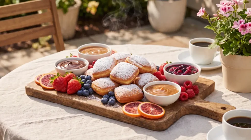 Steaming beignets dusted with powdered sugar on wooden board with berries and sauces