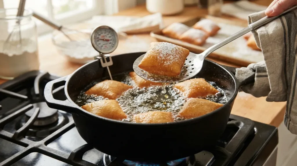 Homemade beignets frying in hot oil until golden