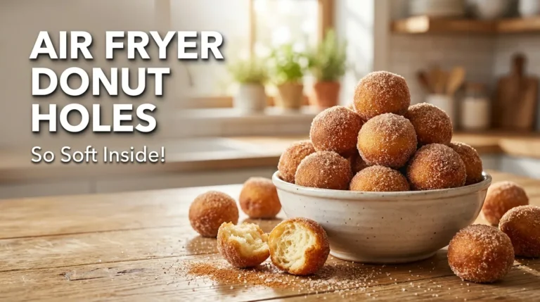 Easy Air Fryer Cinnamon Sugar Donut Holes served warm with a golden cinnamon sugar coating and a soft, fluffy center.