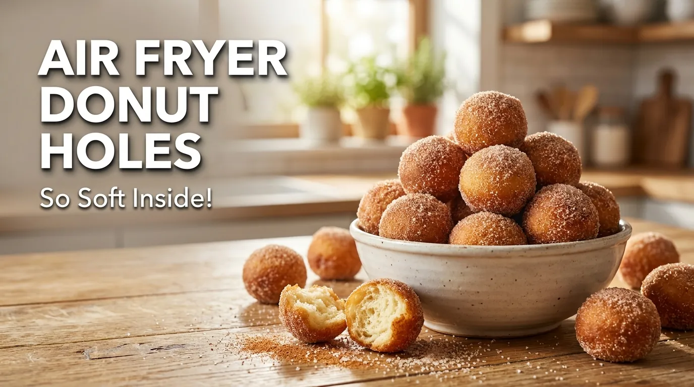 Easy Air Fryer Cinnamon Sugar Donut Holes served warm with a golden cinnamon sugar coating and a soft, fluffy center.