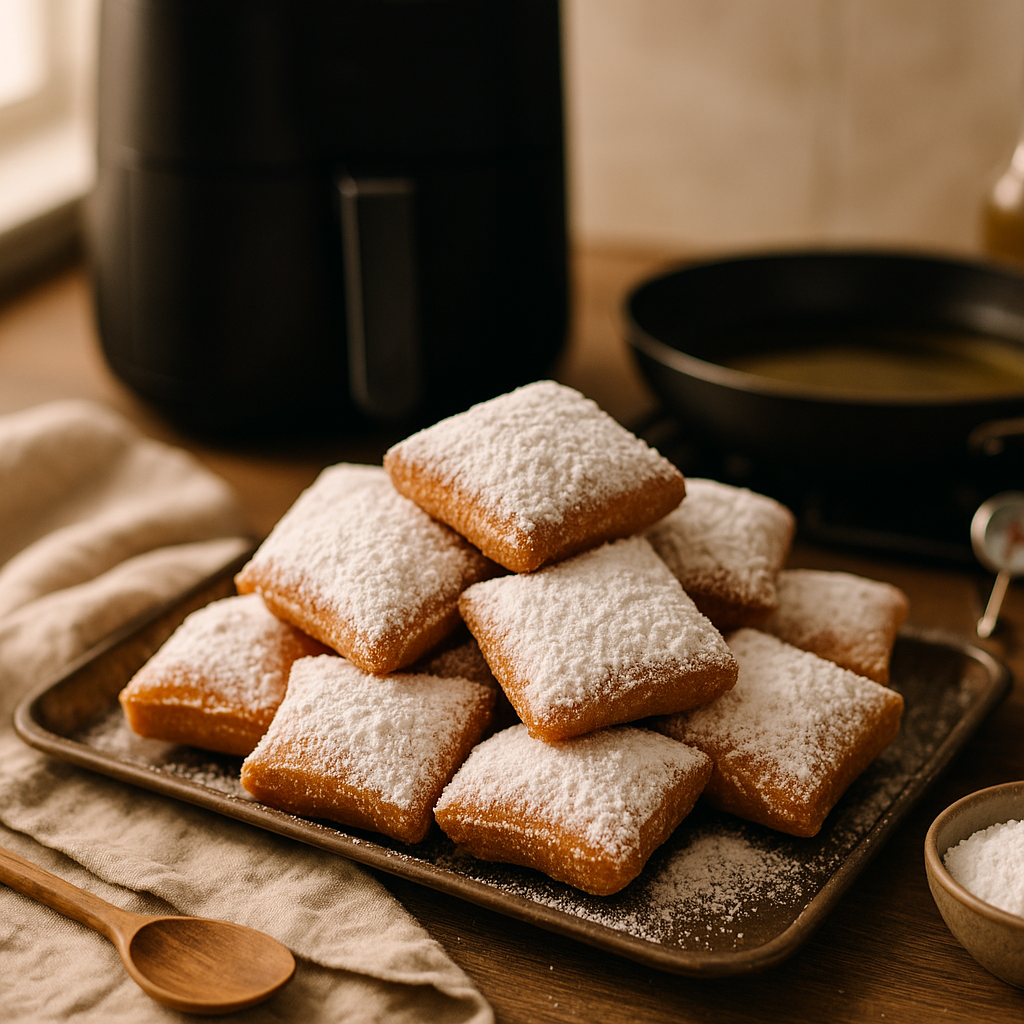 Stack of powdered-sugar beignets with an air fryer and a pot of frying oil blurred in the background
