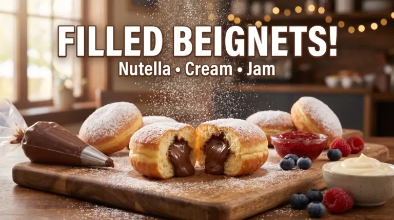 Filled beignets with chocolate oozing out, powdered sugar being sprinkled, and fresh berries on wooden board