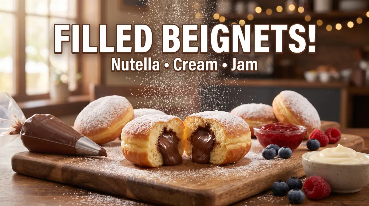 Filled beignets with chocolate oozing out, powdered sugar being sprinkled, and fresh berries on wooden board