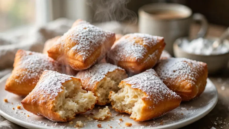 Steaming hot beignets dusted with powdered sugar on a white plate