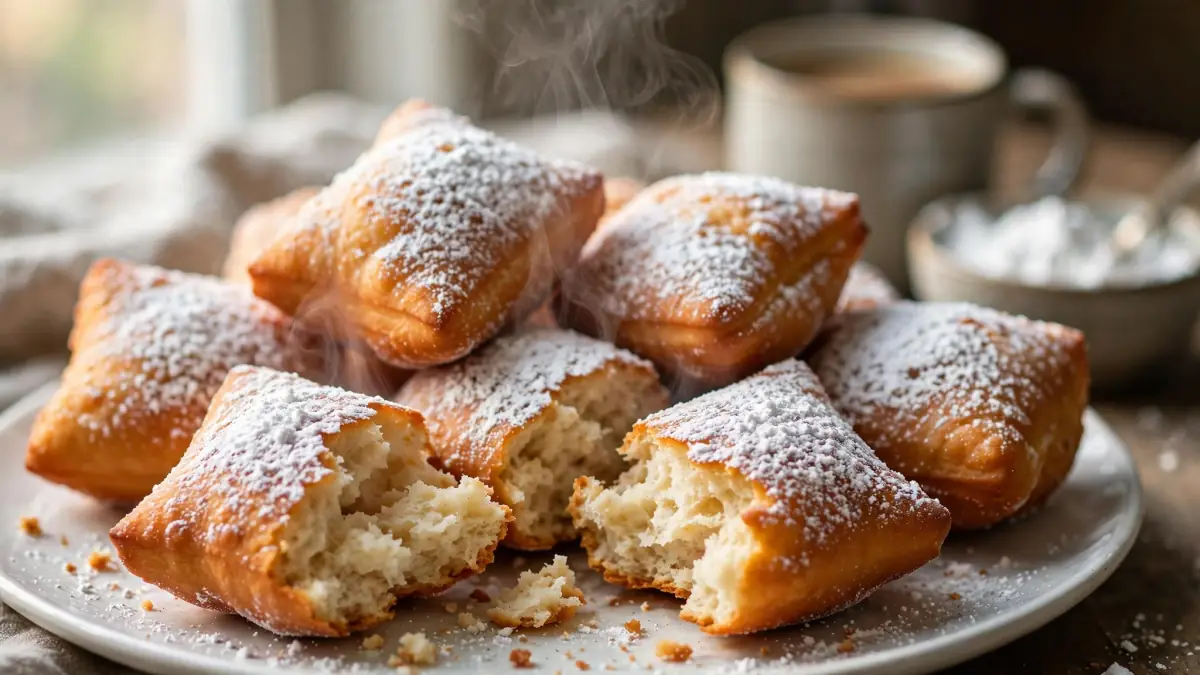 Steaming hot beignets dusted with powdered sugar on a white plate