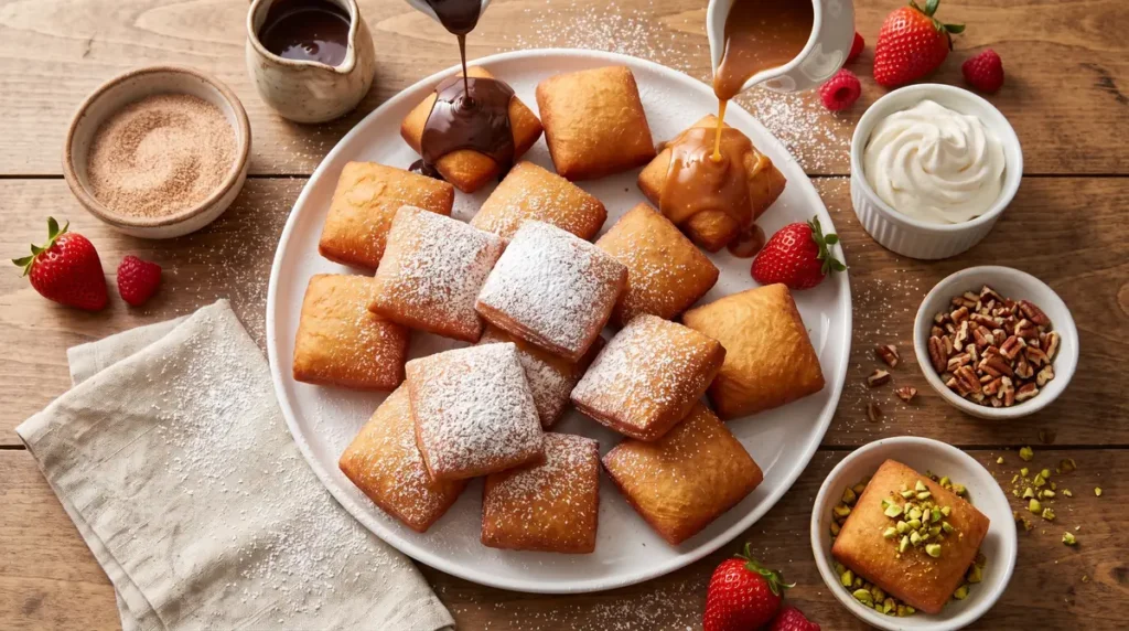 Freshly made square beignets on a plate with powdered sugar, chocolate and caramel sauce, nuts, and berries