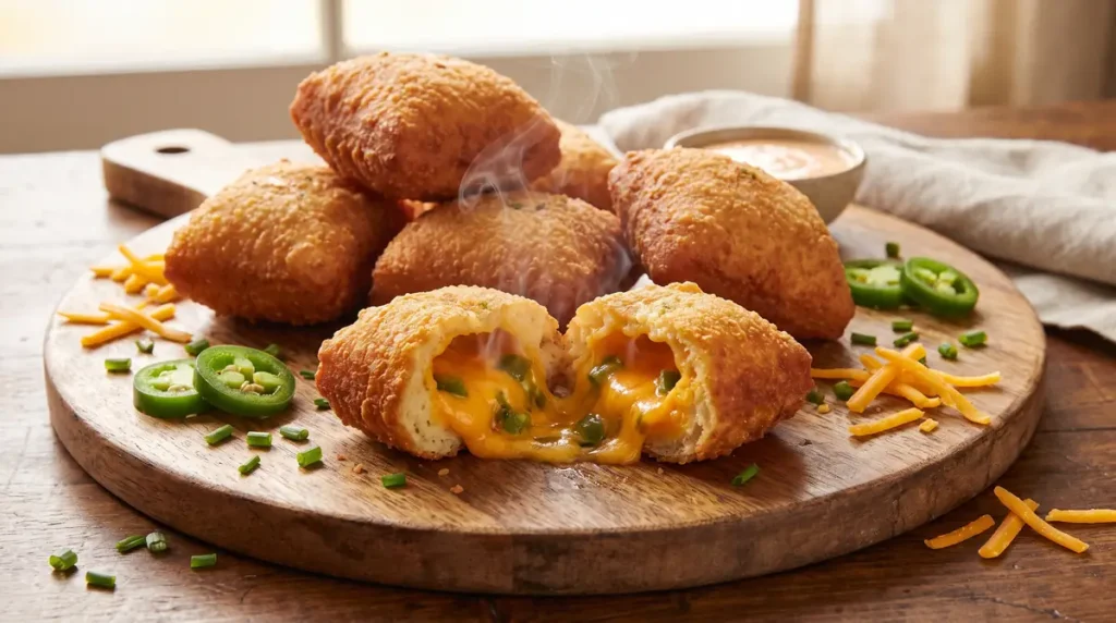 Golden fried beignets stuffed with melted cheese and jalapeno slices on wooden serving board