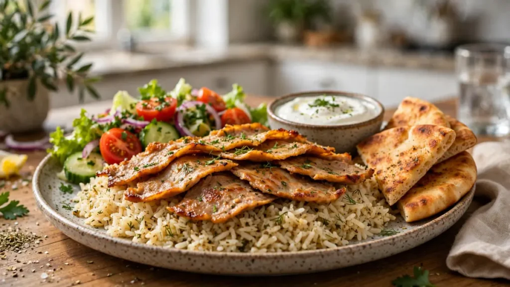 Grilled meat slices served over rice with fresh salad, pita bread, and a bowl of yogurt sauce