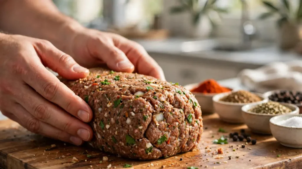 Hands forming a shaped seasoned ground meat mixture on a wooden cutting board with spices in bowls in the background