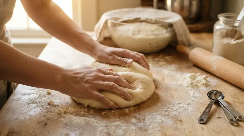 Kneading soft homemade beignet dough on a floured surface