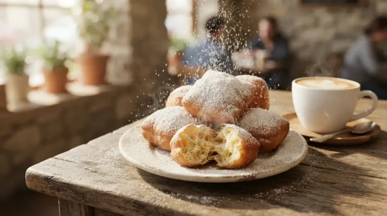 Homemade beignets dusted with powdered sugar on a rustic plate