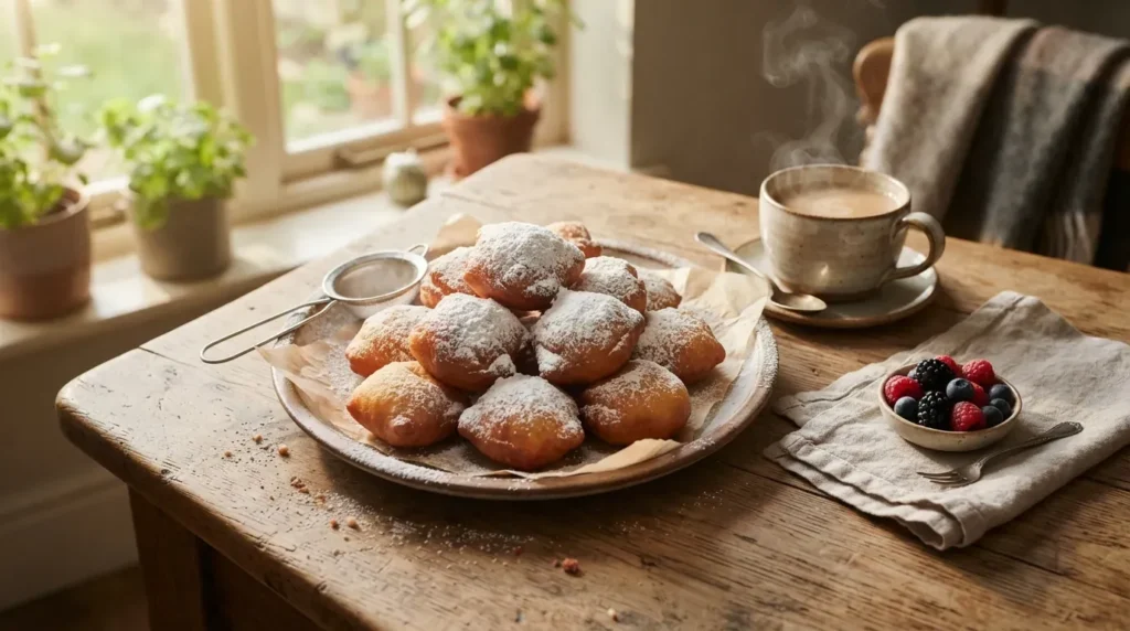Fresh homemade beignets served with coffee