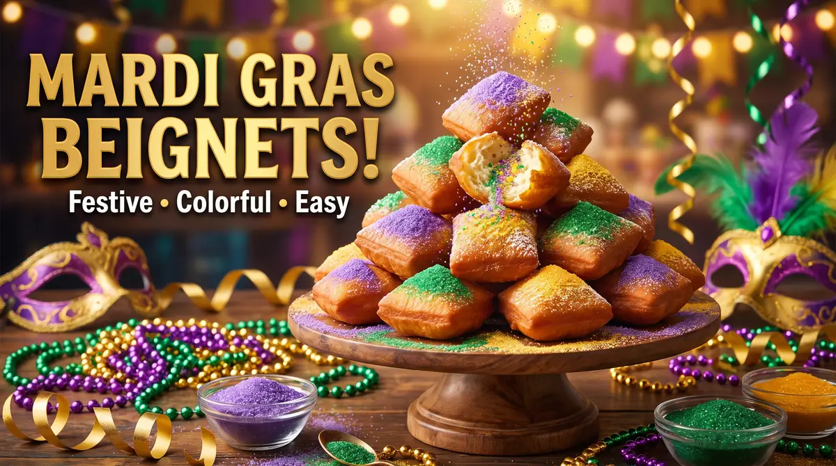 A wooden stand stacked with beignets covered in green, purple, and yellow sugar next to Mardi Gras beads and masks