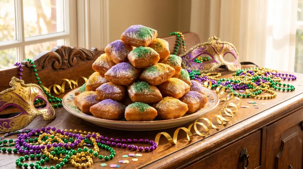 Stack of beignets with green, purple, and yellow powdered sugar on a plate with Mardi Gras masks and beads