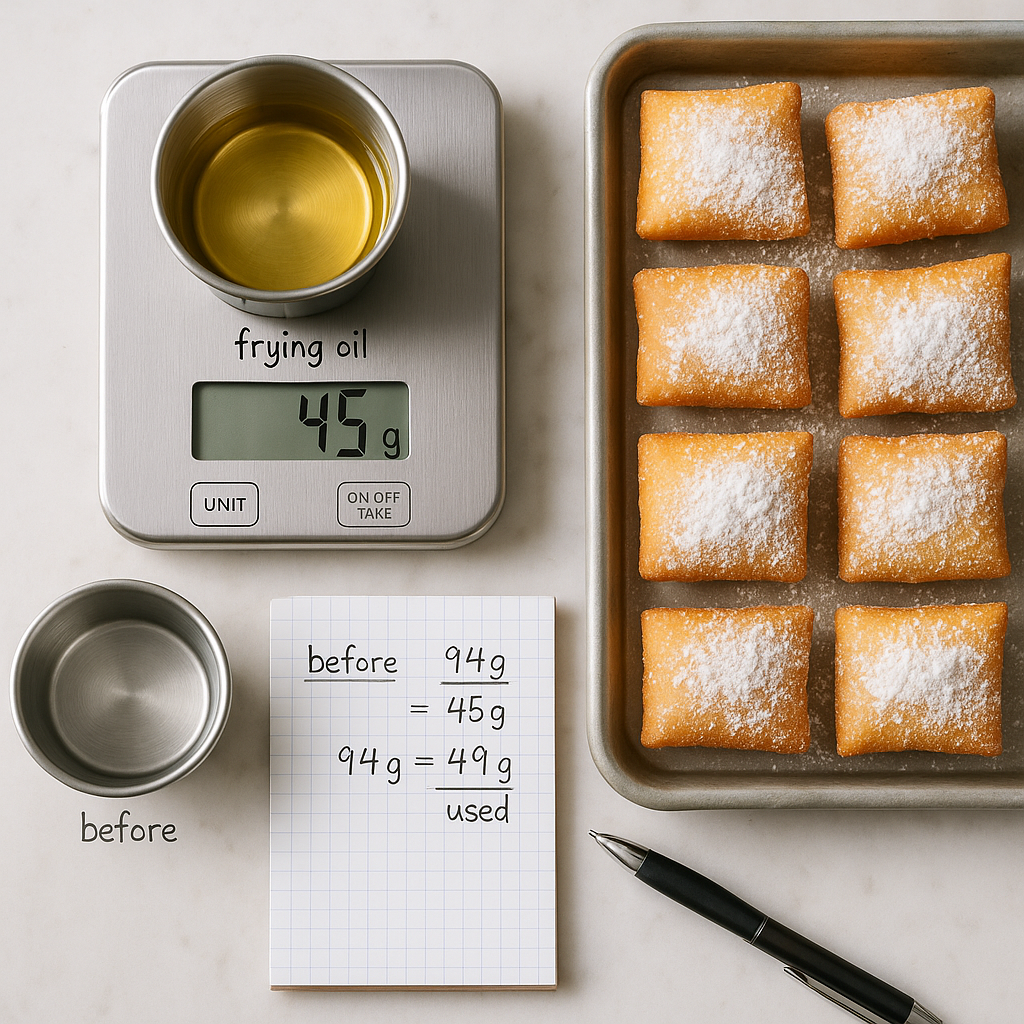 Digital kitchen scale measuring oil loss with beignets and a small bowl of collected oil