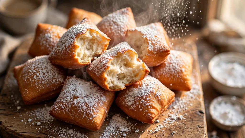 Stack of golden brown beignets dusted with powdered sugar on wooden board