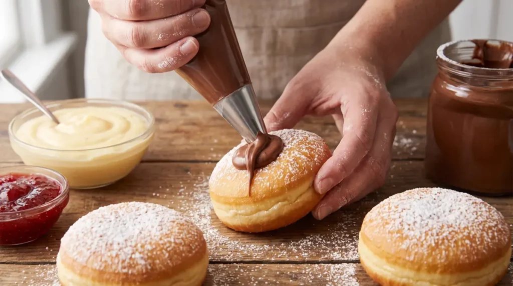 Hands piping chocolate spread into a powdered doughnut on wooden table