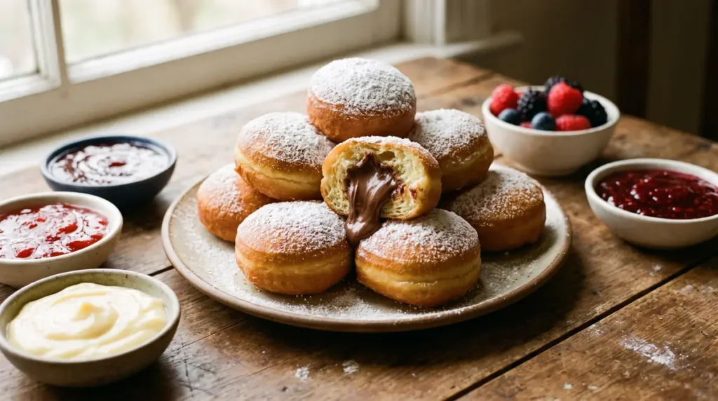 Plate of round powdered donuts with one donut bitten to show chocolate filling