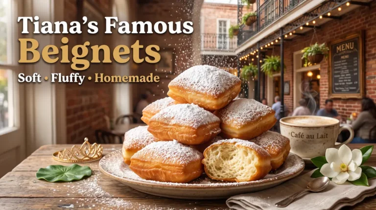 Stack of soft, fluffy beignets dusted with powdered sugar on a plate next to a cup of coffee in a café setting