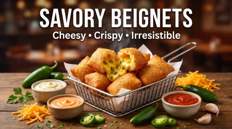 Basket of cheesy savory beignets with jalapenos and three dipping sauces on a wooden table