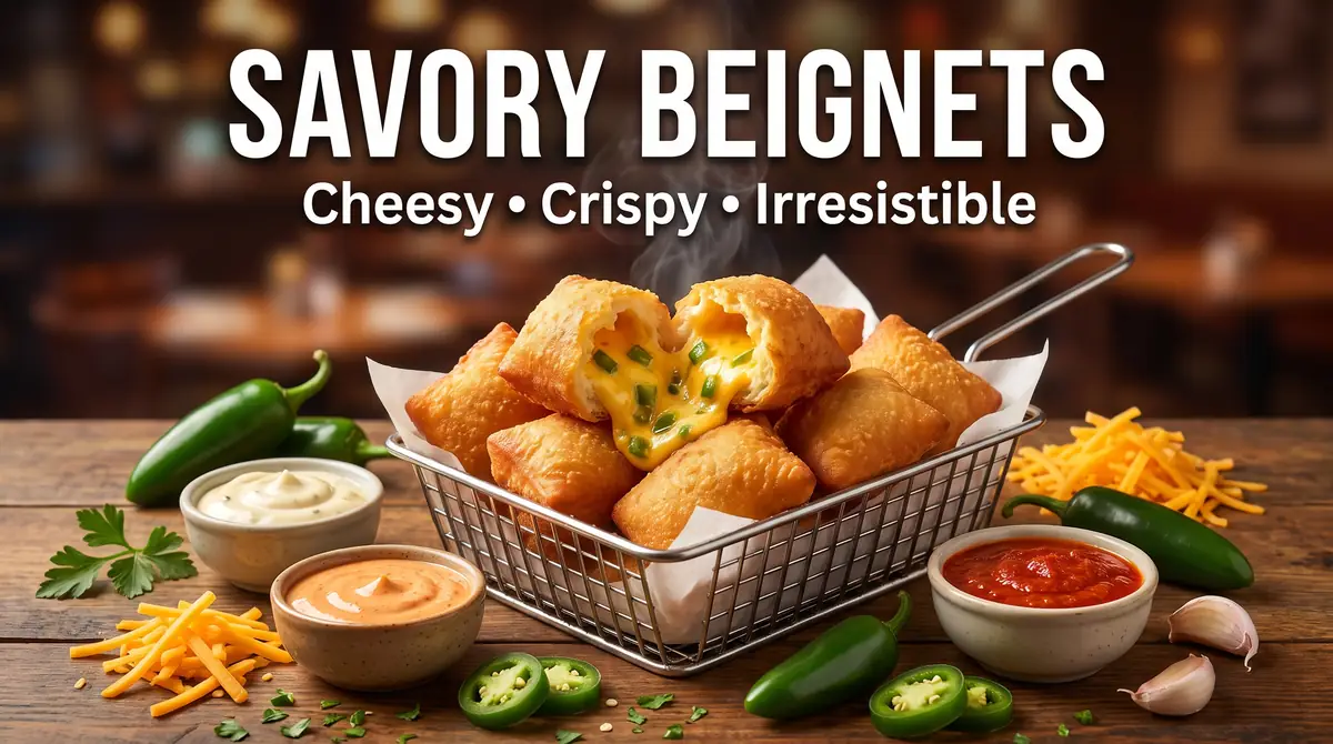 Basket of cheesy savory beignets with jalapenos and three dipping sauces on a wooden table