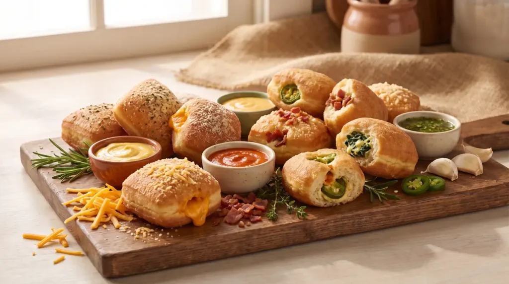 Variety of savory stuffed bread rolls on wooden board with three dipping sauces and garnishes