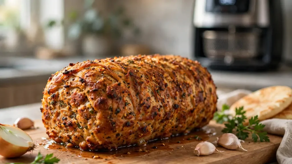 Juicy seasoned cooked meat loaf on wooden board with garlic and herbs