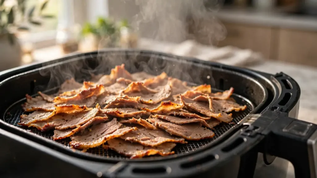 Thin slices of seasoned meat cooking and steaming inside a black air fryer