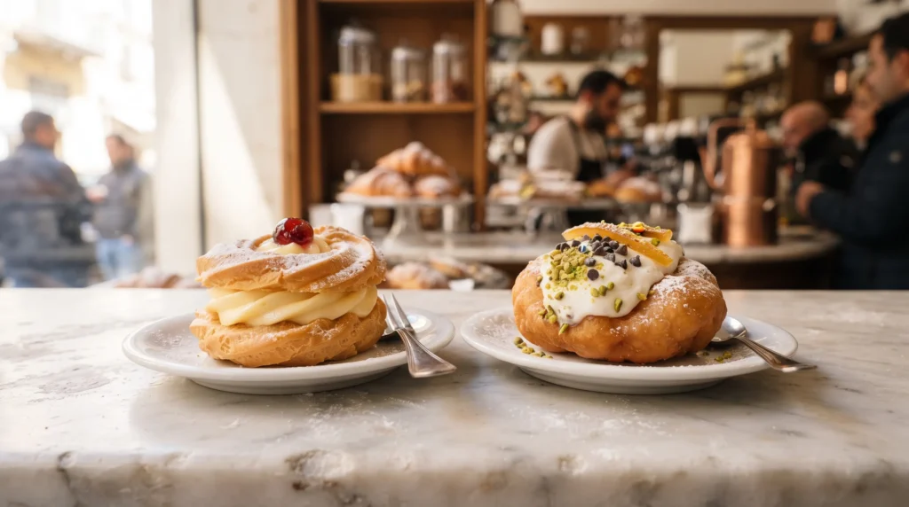 Traditional zeppole and sfingi on separate plates showing their different fillings