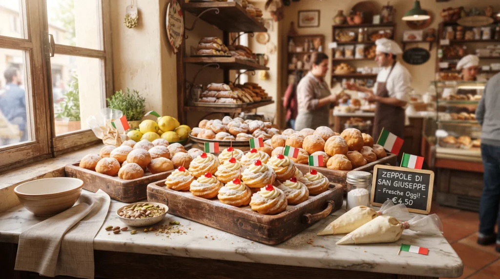 Traditional zeppole and sfingi displayed in an Italian bakery for St. Joseph's Day