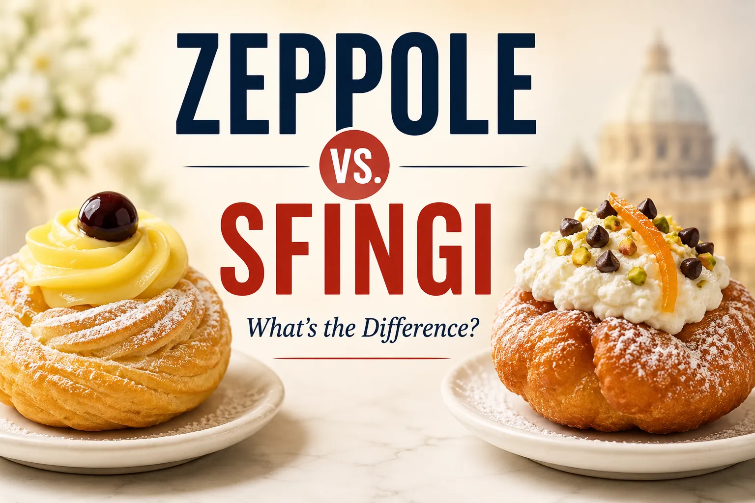 Zeppole vs. sfingi comparison showing two traditional Italian pastries side by side
