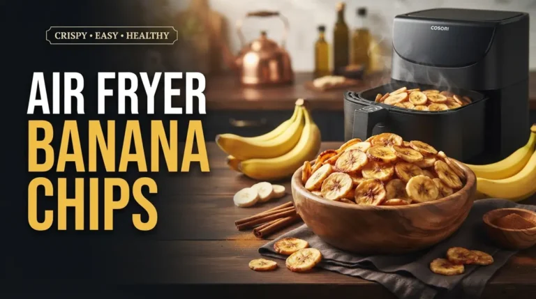 Steaming air fryer filled with banana chips next to a wooden bowl of banana chips and fresh bananas