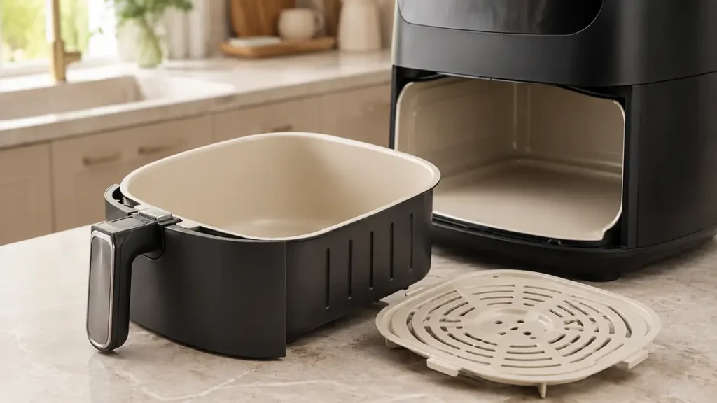 Ceramic Air Fryer Guide: Materials, Coatings & Buying Tips 3 An air fryer basket and tray on a kitchen countertop