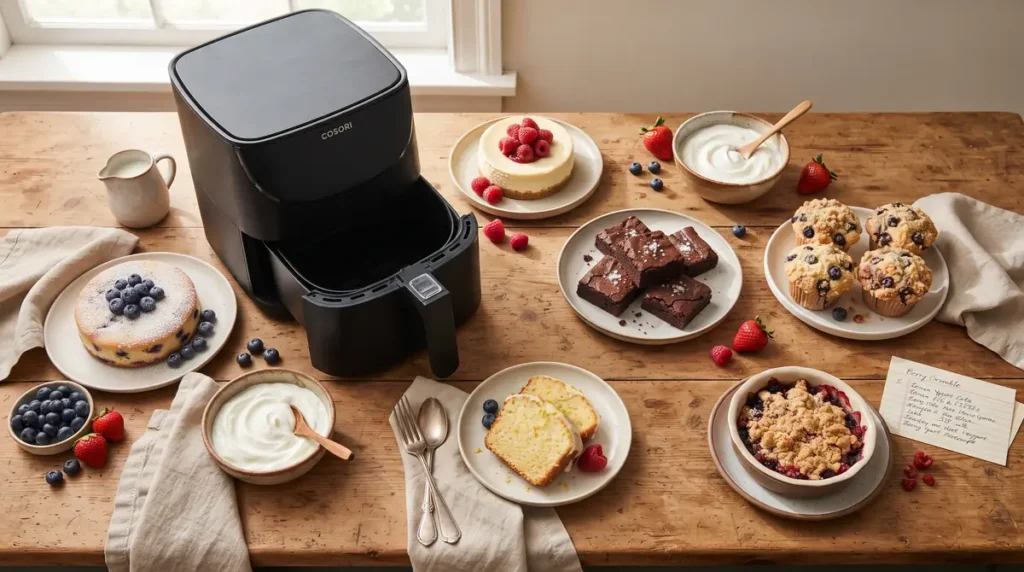 Black air fryer on a wooden table surrounded by blueberry cake, cheesecake with raspberries, brownies, muffins, yogurt, and crumble dessert