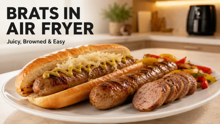 Grilled bratwurst in a bun with mustard and onions next to whole and sliced bratwurst with grilled peppers