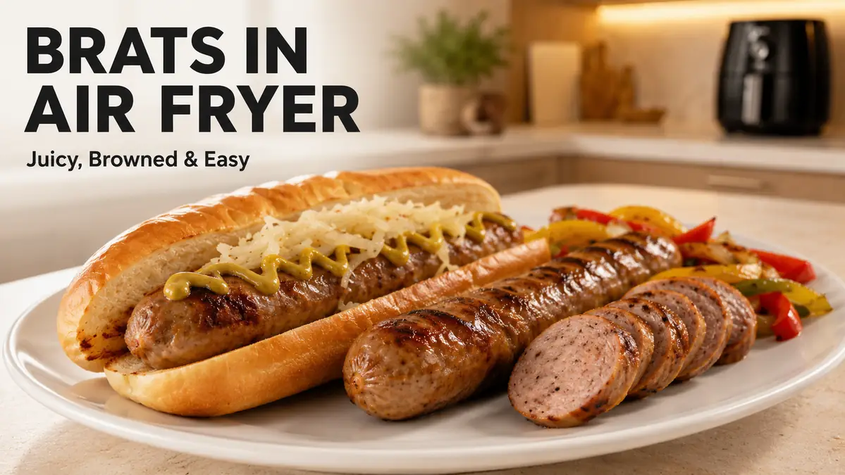Grilled bratwurst in a bun with mustard and onions next to whole and sliced bratwurst with grilled peppers