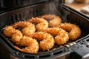 Crispy breaded shrimp cooking with steam in an air fryer basket
