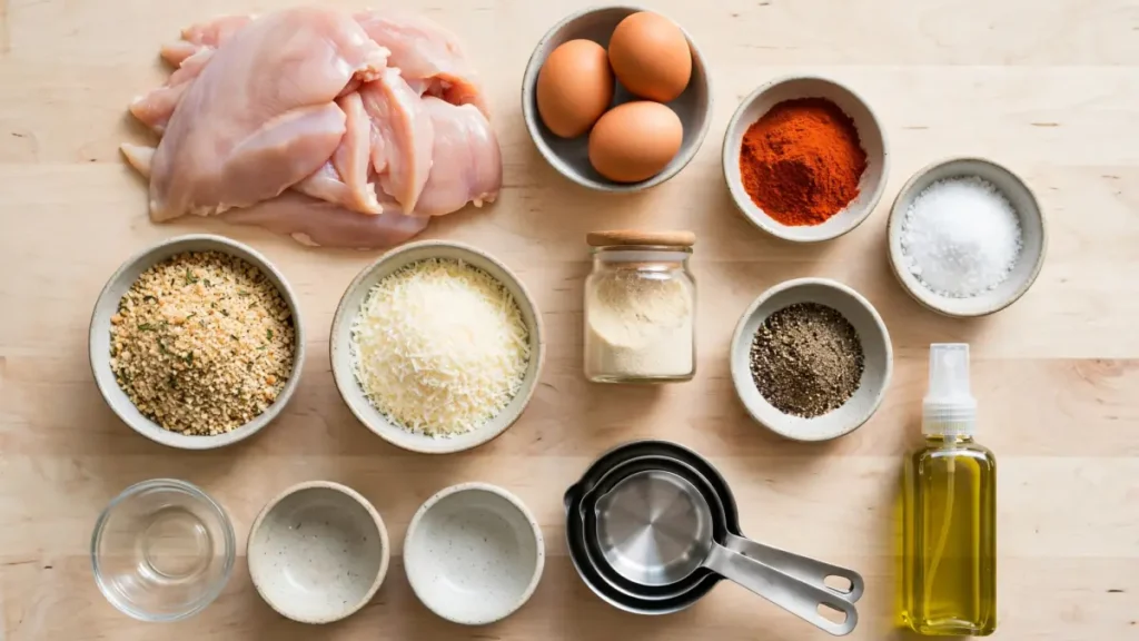 Raw chicken cutlets, eggs, spices, breadcrumbs, grated cheese, measuring cups, and olive oil on a wooden surface