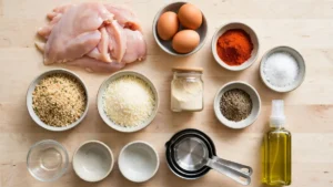 Raw chicken cutlets, eggs, spices, breadcrumbs, grated cheese, measuring cups, and olive oil on a wooden surface