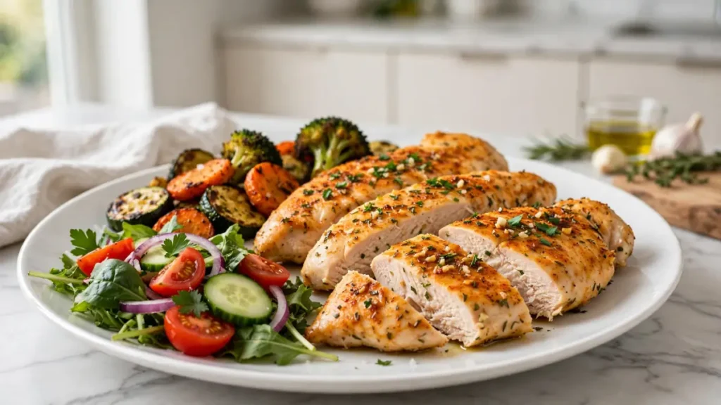 Sliced air fryer chicken cutlets served with grilled vegetables and fresh salad on a white plate
