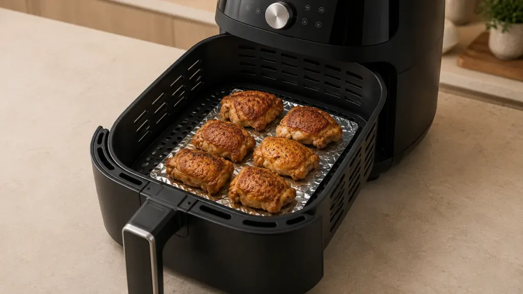 Cooked chicken thighs in an air fryer basket