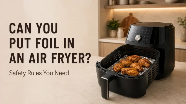Air fryer with cooked chicken wings and foil.
