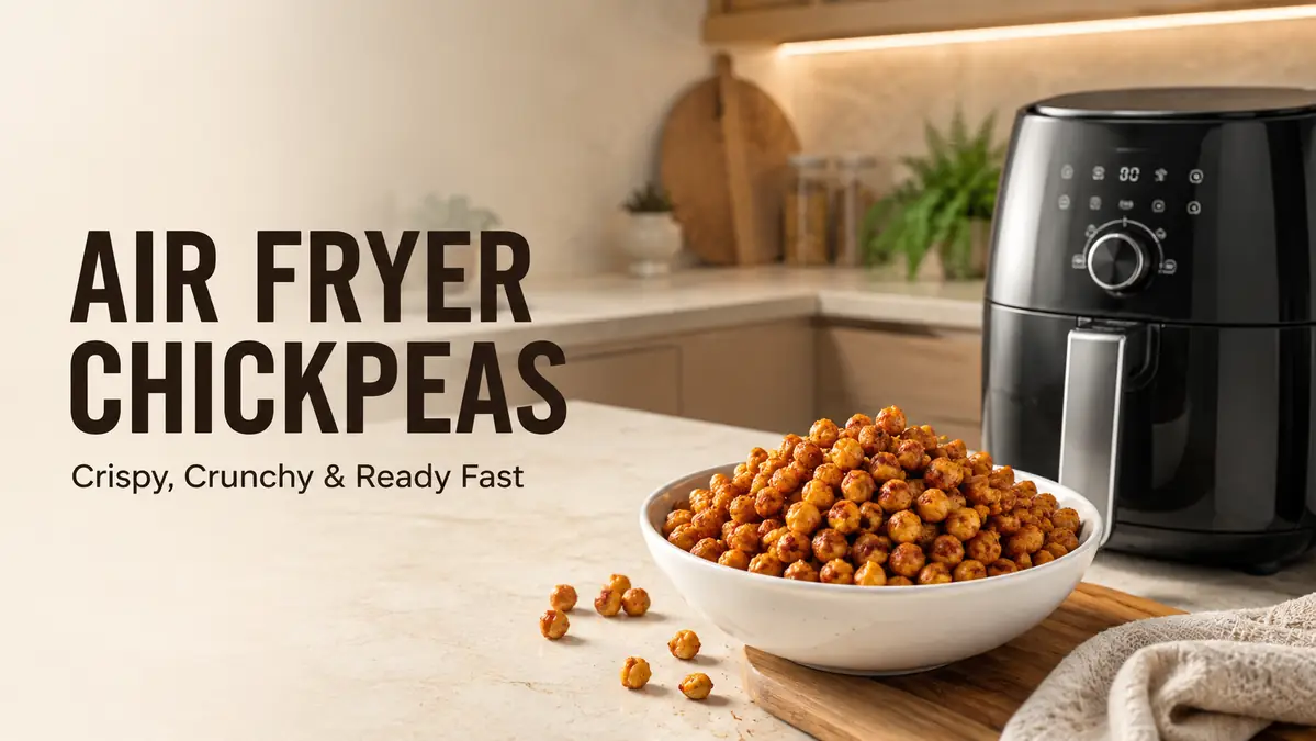 Bowl of crispy air fryer chickpeas on a kitchen counter