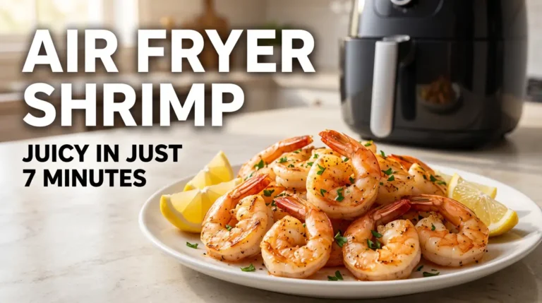 Cooked shrimp seasoned with herbs on a white plate with lemon wedges next to a black air fryer