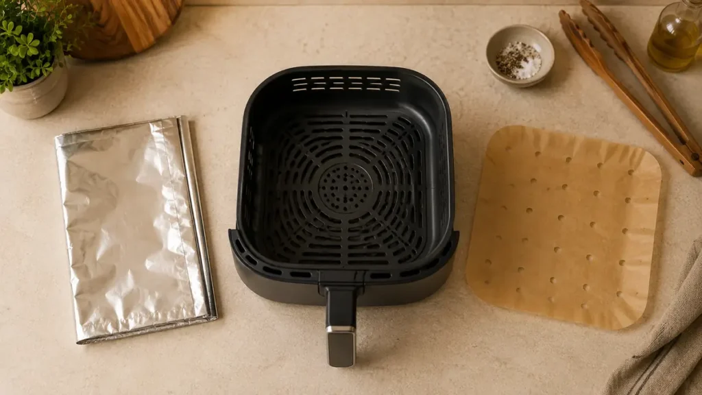 An air fryer basket with cooking accessories on a countertop